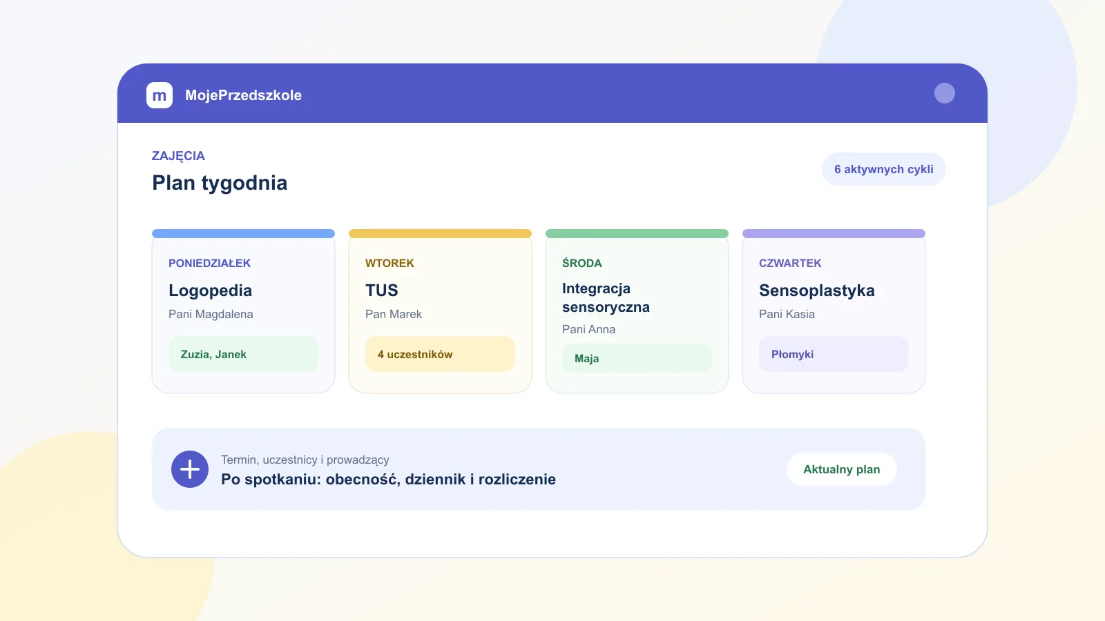Kalendarz cykli logopedii, TUS, integracji sensorycznej i sensoplastyki połączony z obecnością oraz rozliczeniem