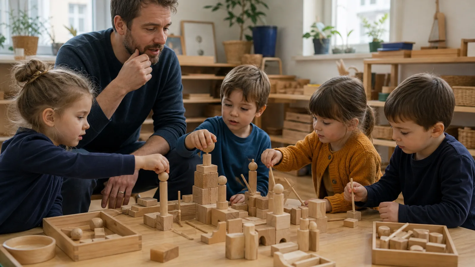 Dzieci z nauczycielem tworzą wspólną konstrukcję z geometrycznych darów Froebla