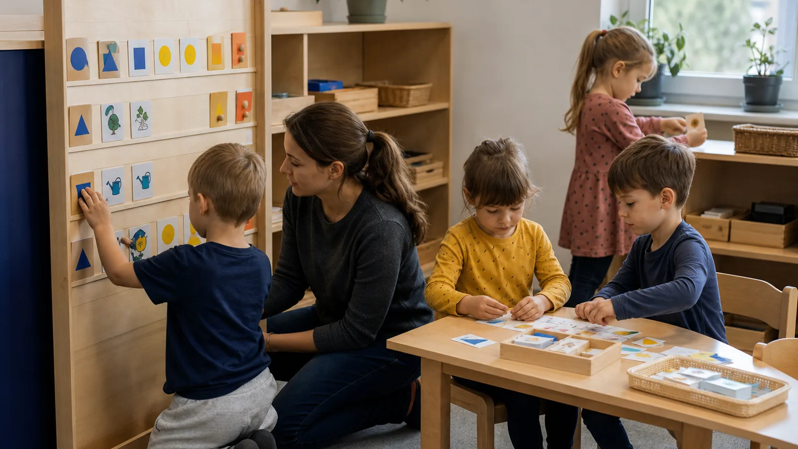Dzieci planują zadania przy tablicy symboli i współpracują przy stoliku