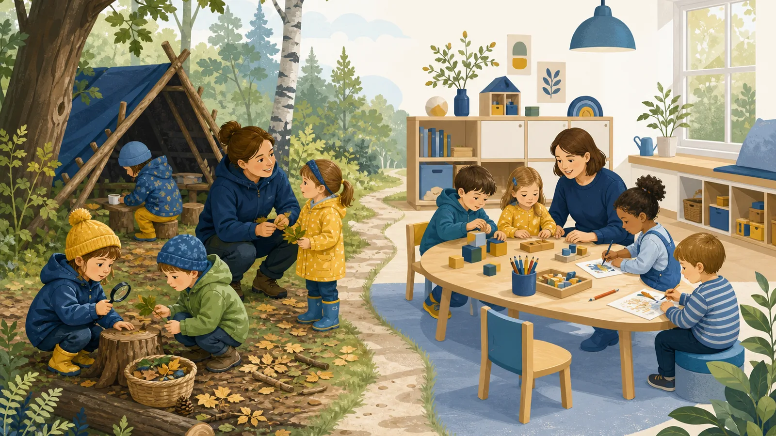 Ilustracyjne porównanie aktywności dzieci w przedszkolu leśnym i w sali tradycyjnej placówki