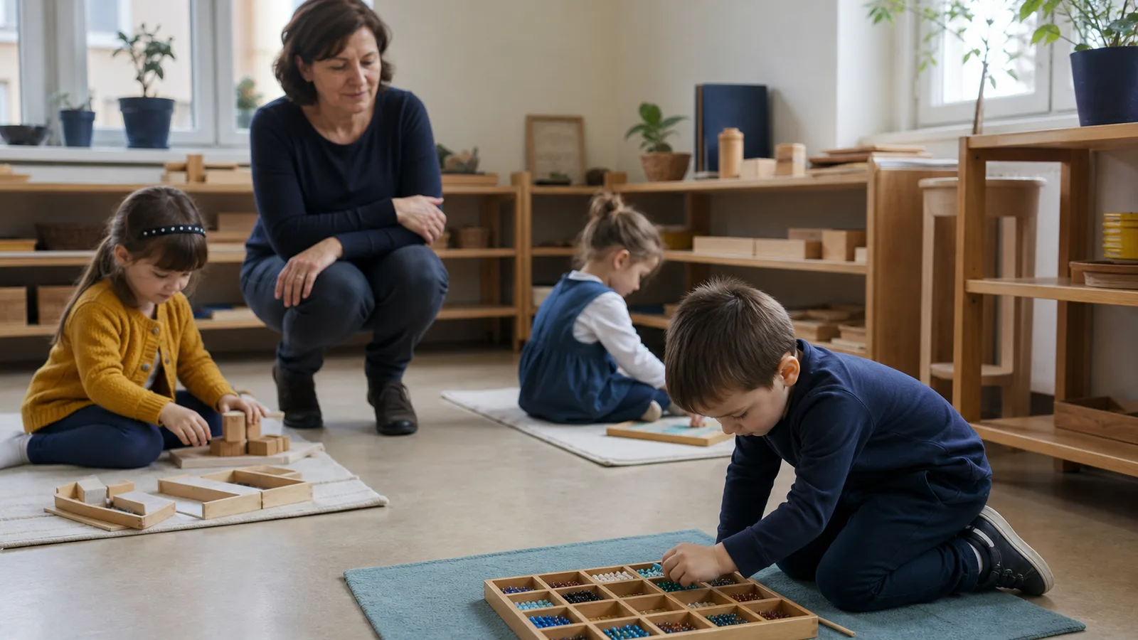 Nauczycielka obserwuje dzieci samodzielnie pracujące z materiałami w przygotowanym otoczeniu Montessori