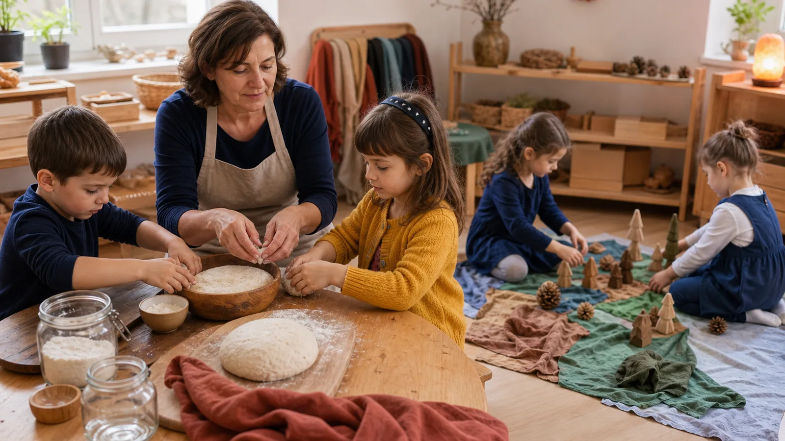 Dzieci pieką z nauczycielką i bawią się naturalnymi materiałami w rytmie dnia przedszkola waldorfskiego